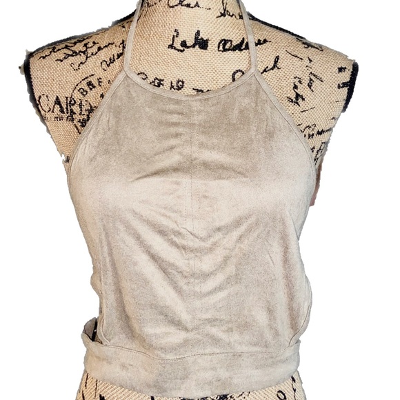 Tan Side Cut Out Faux Suede Halter Top